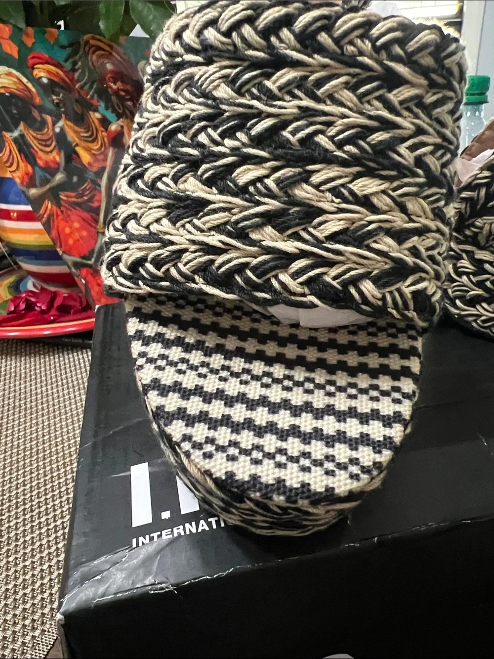 INC International Concepts Black and Cream Braided Platform Mules